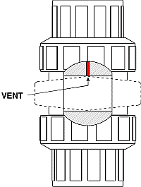 vent in ball for sodium hypochlorite -- when the valve is 'closed', vent is directed to the process and allows any outgassing to escape harmlessly.