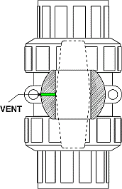 vent in ball for sodium hypochlorite -- when the valve is 'open', vent is directed to the side and has no impact on flow.